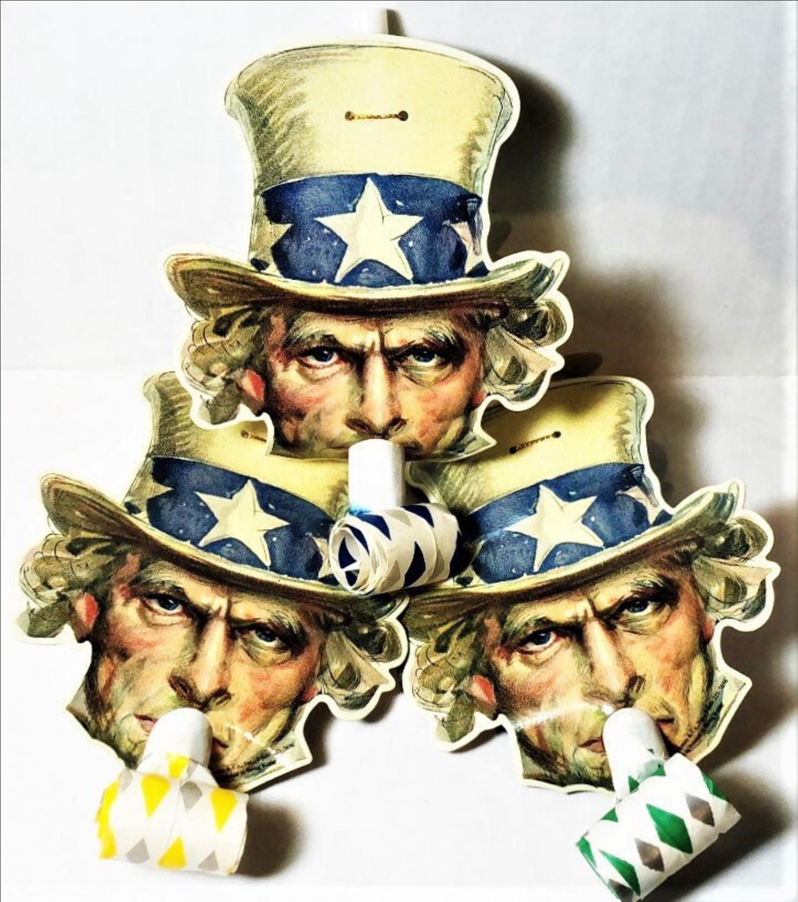 3 UNCLE SAM Patriotic BLOWOUTS 4th of July-Americana Party favors Mint Condition Rare! Vintage Shackman Company