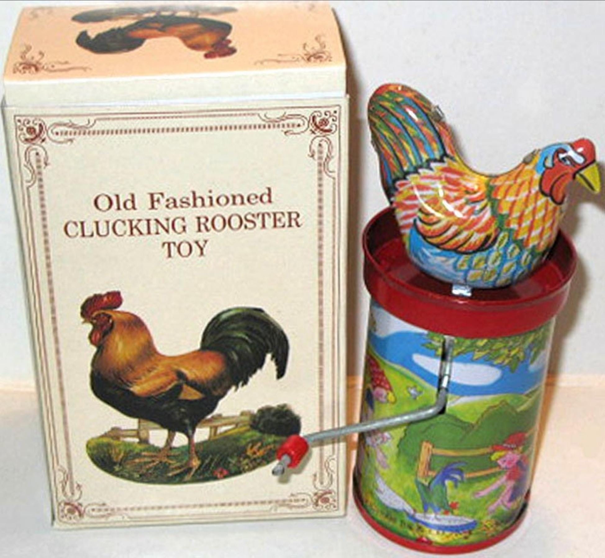 Vintage Tin Litho Chicken Rooster Hand Crank Toy Noise Maker Party Favor MINT Condition in Box