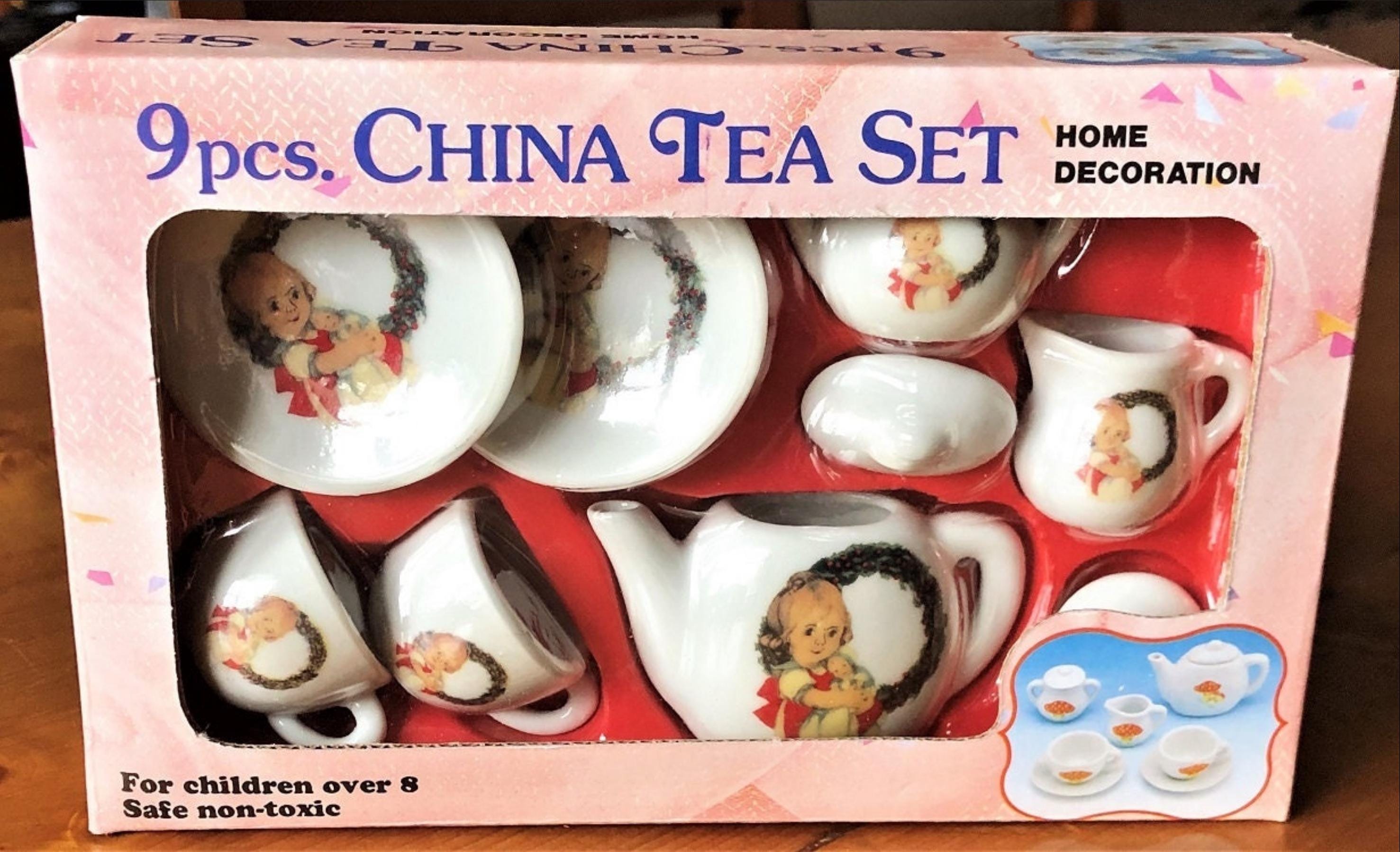 Adorable 9pc MINIATURE TEA SET -Kewpie Girl Surrounded by Christmas Wreath-Pristine condition/Factory Sealed Vintage B. Shackman Porcelain