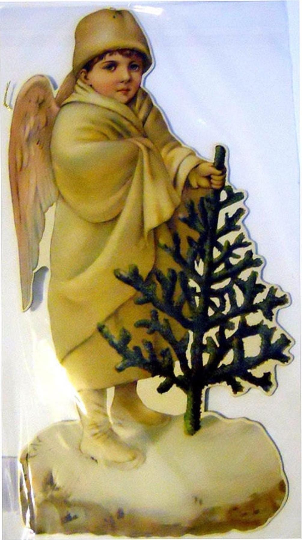 Large 10" CHRISTMAS ORNAMENT DECORATION Victorian Snow Angel Boy with Christmas Tree Mint Condition/Factory Sealed Shackman