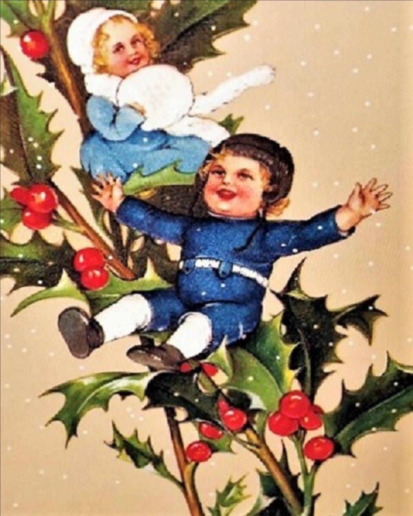 Victorian " SIBLINGS IN HOLLY " Christmas / Holiday Greeting Card Mint Condition Rare! B. Shackman Company