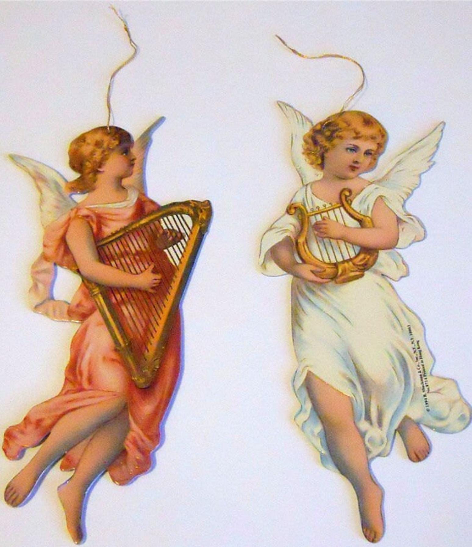 Pair 8" Die cut VICTORIAN ANGEL s w/Harp Holiday Christmas Ornament Decoration Mint Condition Shackman