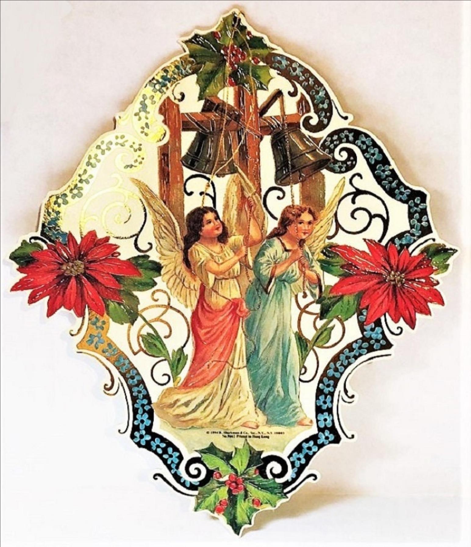 Gorgeous! Large VINTAGE CHRISTMAS ORNAMENT Victorian Angels Ringing Bells Holiday Decoration Mint Condition Rare B. Shackman Co.