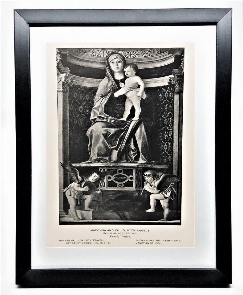 MADONNA & CHILD w/ ANGELS - Vintage 7"x 5" Framed 15th Century Classic Art Print by Bellini - Perfect Gift for Students of Art and Religion!