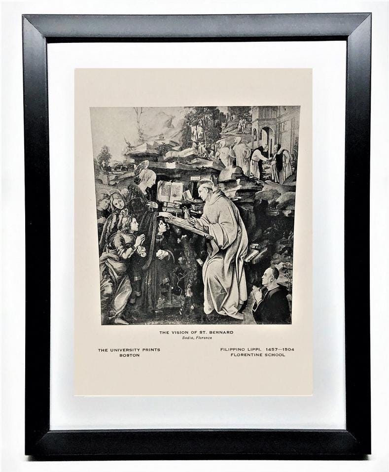 VISION Of ST. BERNARD - Vintage 7x 5" Framed 15th Century Classic Art Print by Filippino Lippi-Perfect Gift for Students of Art and Religion