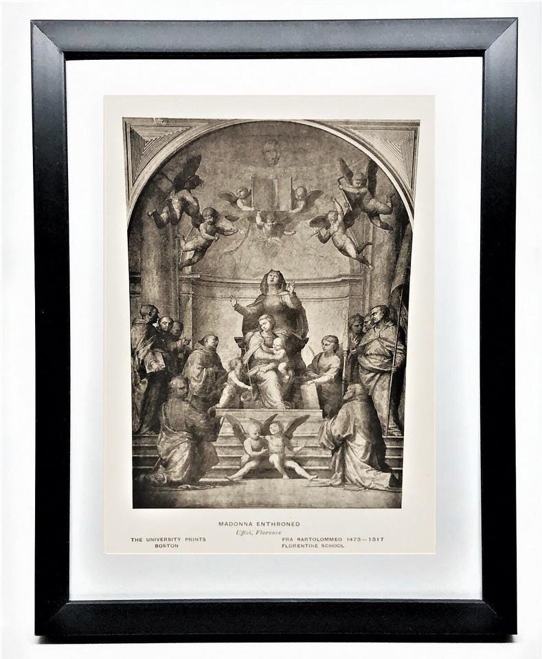 MADONNA ENTHRONED Vintage 7x 5 Framed 15th Century Religious Art Print by Fra Bartolommeo- Perfect Gift for Students of Art and Religion!
