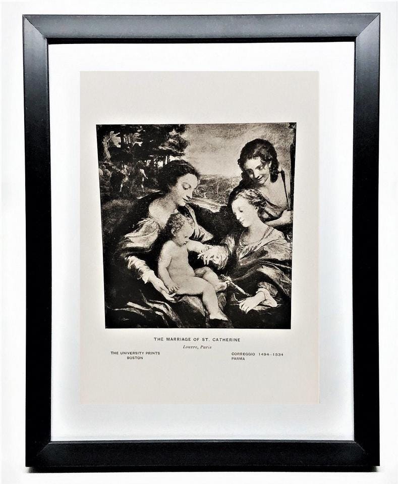 MARRIAGE Of ST. CATHERINE - Vintage 7x 5 Framed 16th Century Classic Art Print by Correggio-Beautiful Gift for Students of Art and Religion!