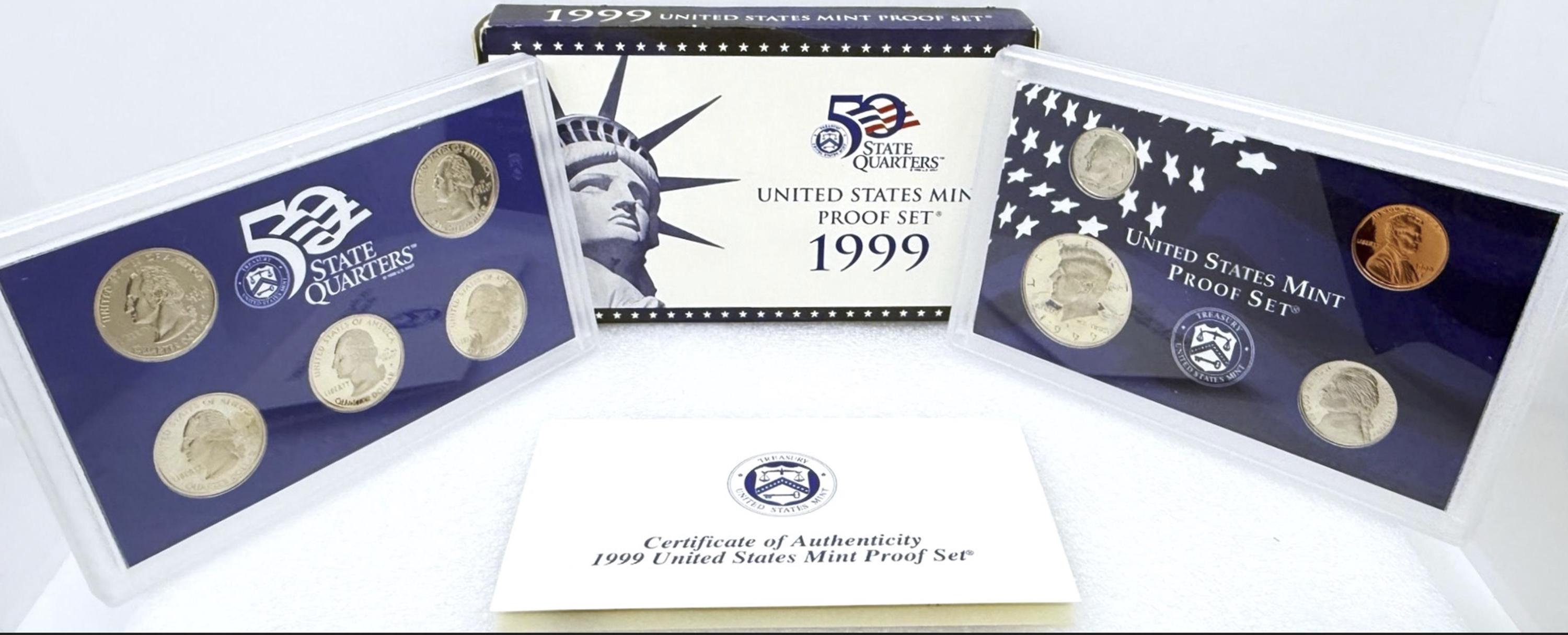 1999 US MINT PROOF Set (9 Coins) Pristine Condition with Certificate of Authentication. Perfect Gift for Coin Collectors and 1999 Birthday!