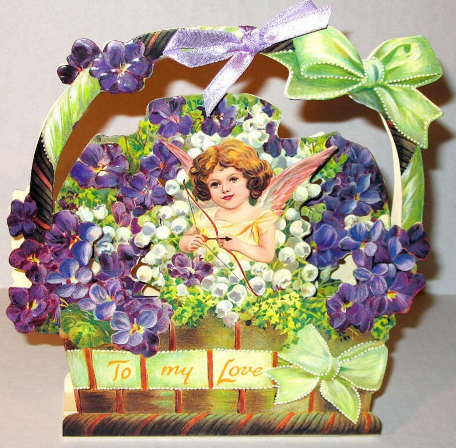 3D VALENTINE CARD Standing Decoration Cupid in LILAC Basket Mint Factory Sealed Rare! Shackman Company