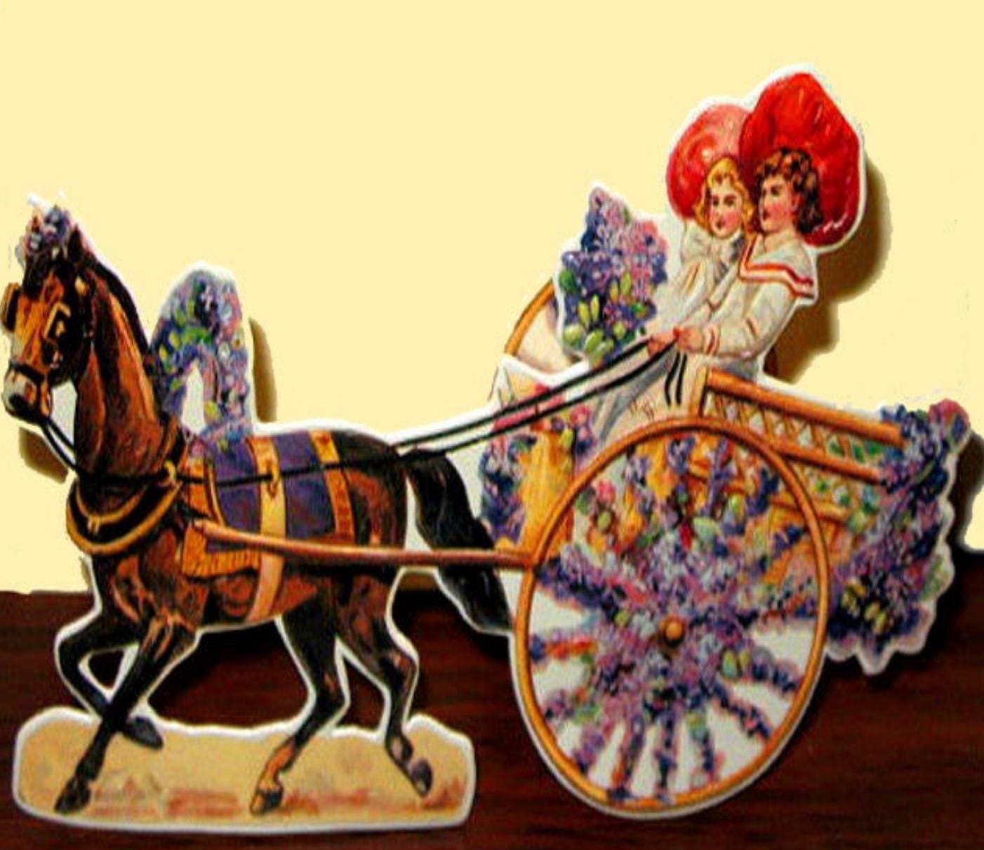 Vintage 3D Standing EASTER DECORATION "Victorian Girls Driving Lilac Flowered Pony-Cart" Mint Condition/Factory Sealed Rare! Shackman